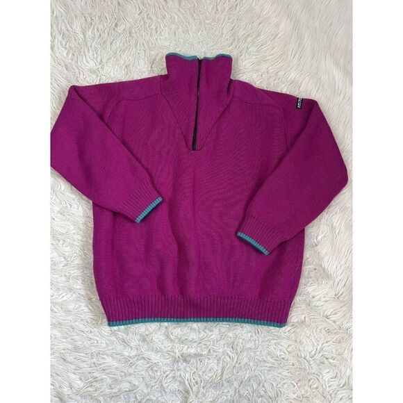 M57000 Sweaters - M57000 Vintage 80s Wool Retro ColorBlock Henley Tight Knit Fuchsia Pink Sweater